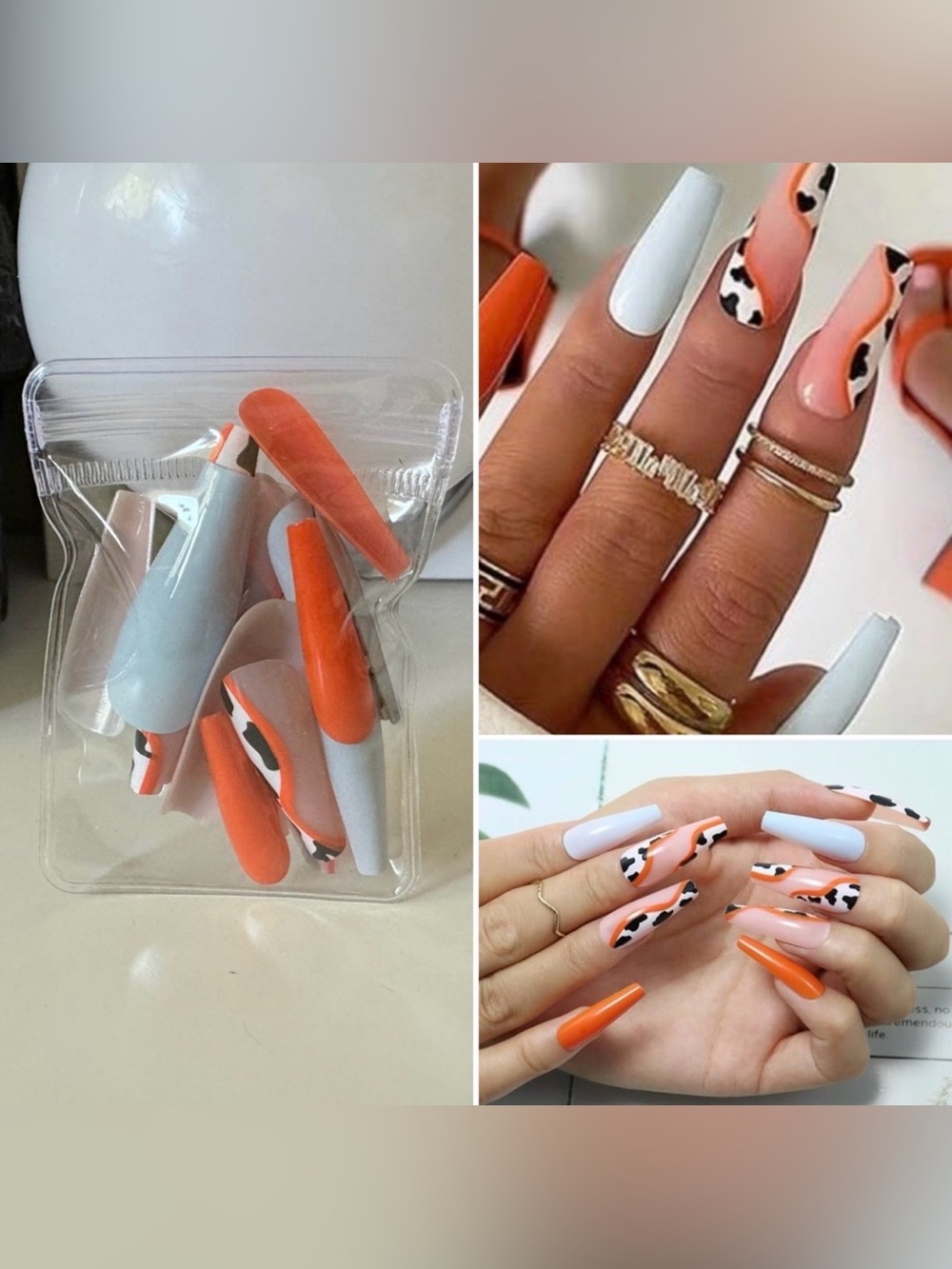 3/$15 Coffin Fake Nails Orange, Gray, and Cow Print Long Coffin